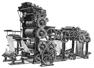 Lithograph of a printing press, leading to my page on professional work in electronic communications.